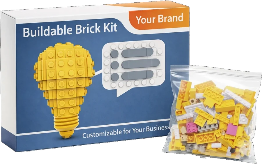 A buildable brick kit in a printed box with its sealed bag of bricks, shown with placeholder branding